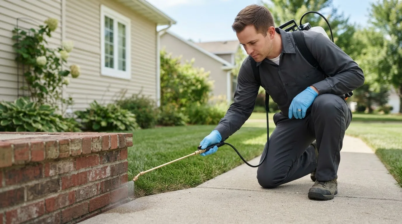 Pest control technician treating a home near Wasco, CA
